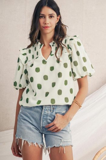 Women Blouses | Apricot Polka Dot Print Smocked Notched Neck Balloon Sleeve Blouse