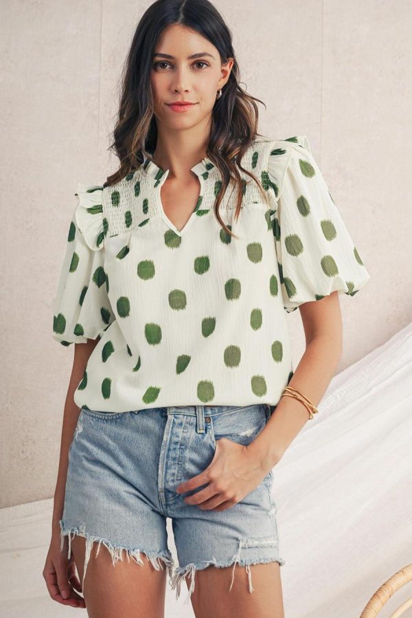 Women Blouses | Apricot Polka Dot Print Smocked Notched Neck Balloon Sleeve Blouse