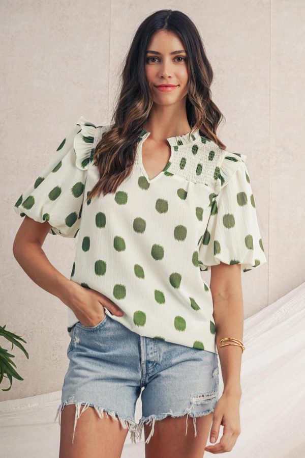 Women Blouses | Apricot Polka Dot Print Smocked Notched Neck Balloon Sleeve Blouse - Image 2