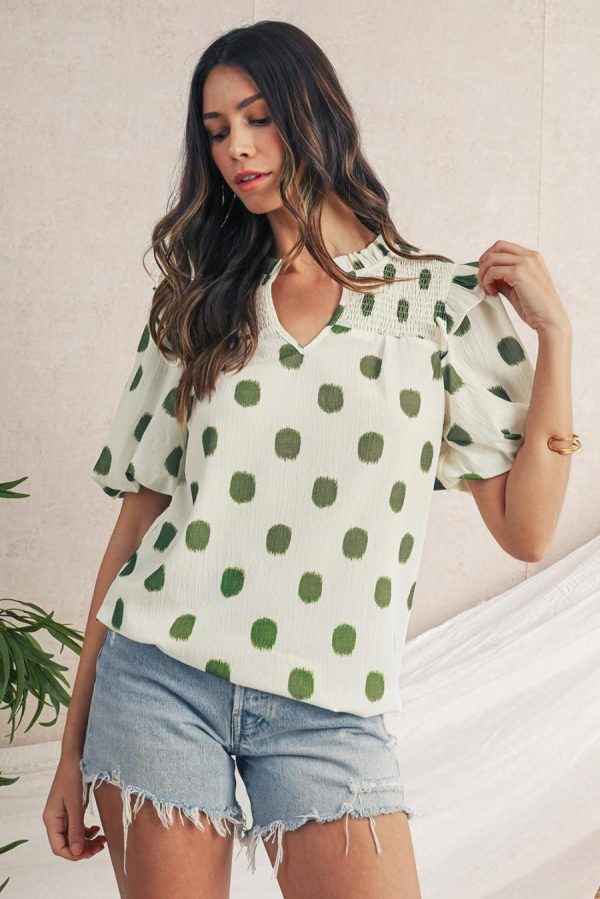 Women Blouses | Apricot Polka Dot Print Smocked Notched Neck Balloon Sleeve Blouse - Image 3