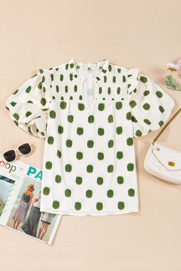 Women Blouses | Apricot Polka Dot Print Smocked Notched Neck Balloon Sleeve Blouse - Image 5