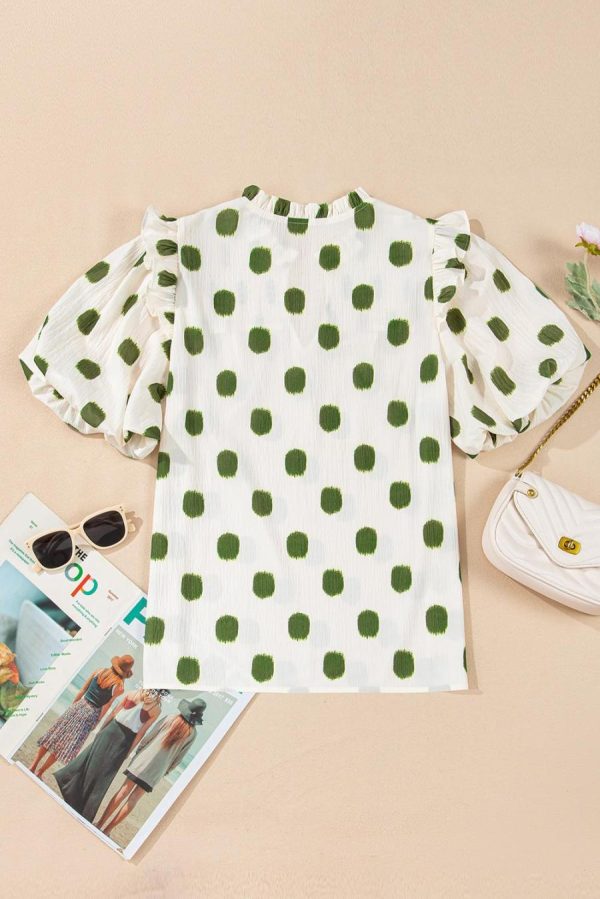 Women Blouses | Apricot Polka Dot Print Smocked Notched Neck Balloon Sleeve Blouse - Image 6