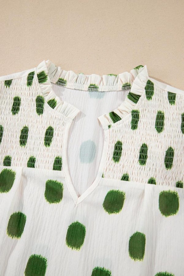 Women Blouses | Apricot Polka Dot Print Smocked Notched Neck Balloon Sleeve Blouse - Image 7