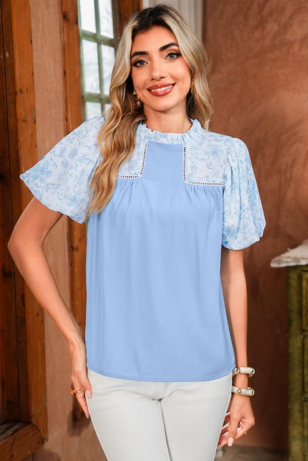 Women Blouses | Beau Blue Floral Puff Sleeve Patchwork Loose Blouse - Image 2