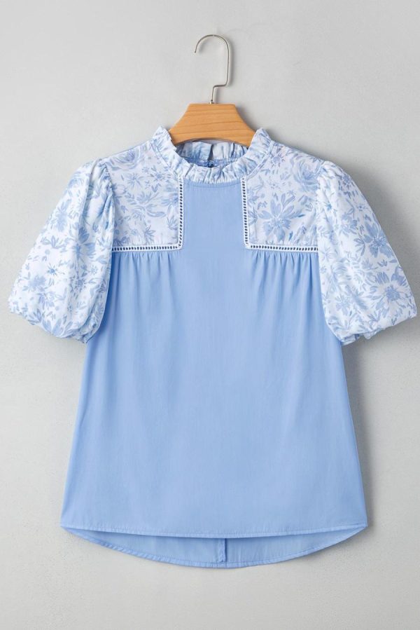 Women Blouses | Beau Blue Floral Puff Sleeve Patchwork Loose Blouse - Image 5
