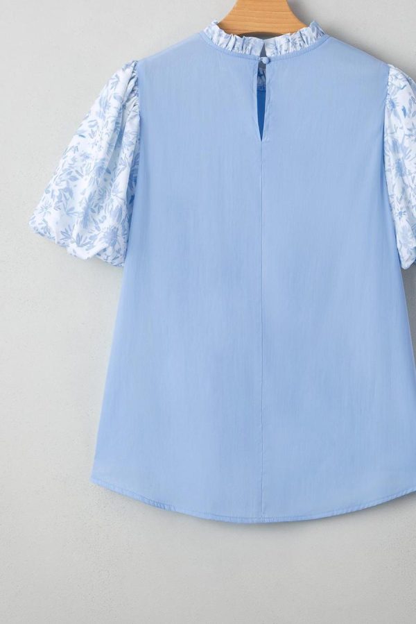 Women Blouses | Beau Blue Floral Puff Sleeve Patchwork Loose Blouse - Image 6