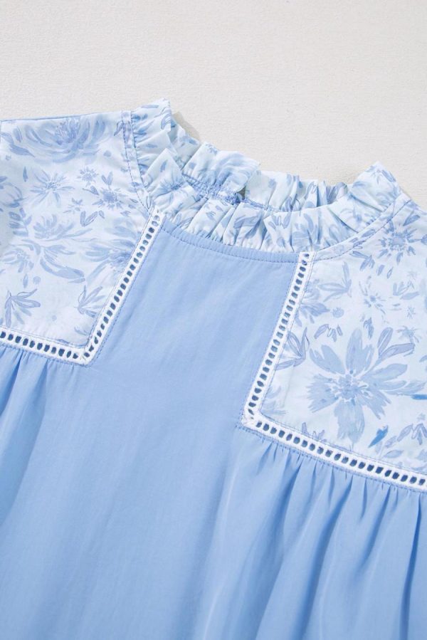 Women Blouses | Beau Blue Floral Puff Sleeve Patchwork Loose Blouse - Image 7