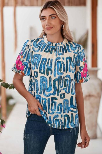 Women Blouses | Beige Abstract Floral Print Frilled Neck Puff Sleeve Blouse