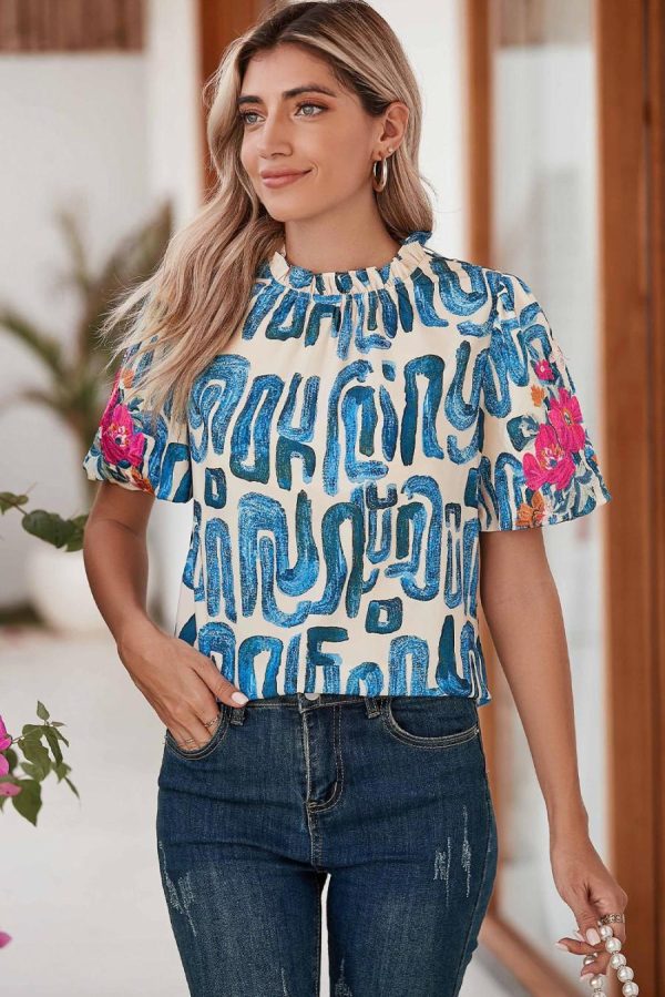 Women Blouses | Beige Abstract Floral Print Frilled Neck Puff Sleeve Blouse - Image 4