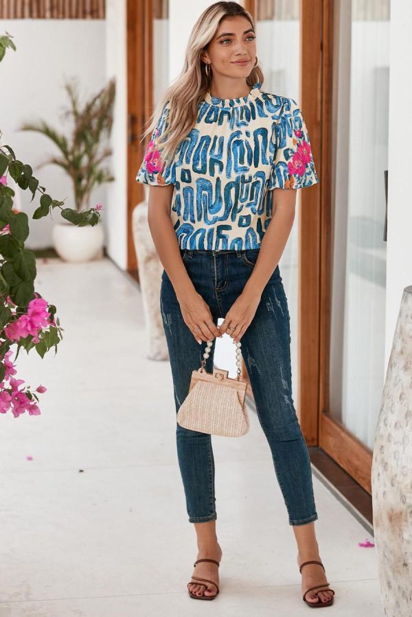 Women Blouses | Beige Abstract Floral Print Frilled Neck Puff Sleeve Blouse - Image 5