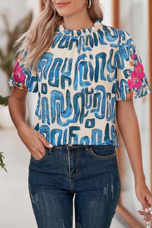 Women Blouses | Beige Abstract Floral Print Frilled Neck Puff Sleeve Blouse - Image 6
