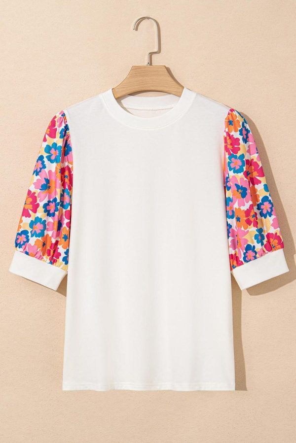 Women Blouses | Beige Floral Puff Sleeve Patchwork Round Neck Top - Image 4