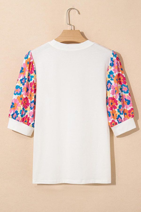 Women Blouses | Beige Floral Puff Sleeve Patchwork Round Neck Top - Image 5
