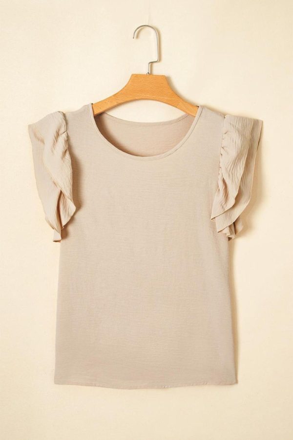 Women Blouses | Beige Solid Color Ruffle Sleeve Crinkled Blouse - Image 4