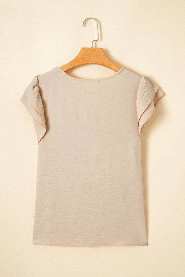 Women Blouses | Beige Solid Color Ruffle Sleeve Crinkled Blouse - Image 5