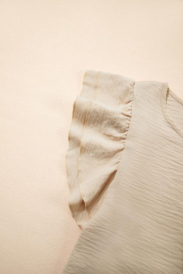 Women Blouses | Beige Solid Color Ruffle Sleeve Crinkled Blouse - Image 7