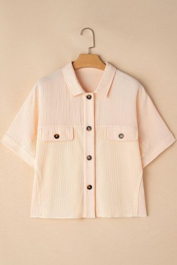 Women Blouses | Beige Waffle Crinkle Patchwork Short Batwing Sleeve Shirt