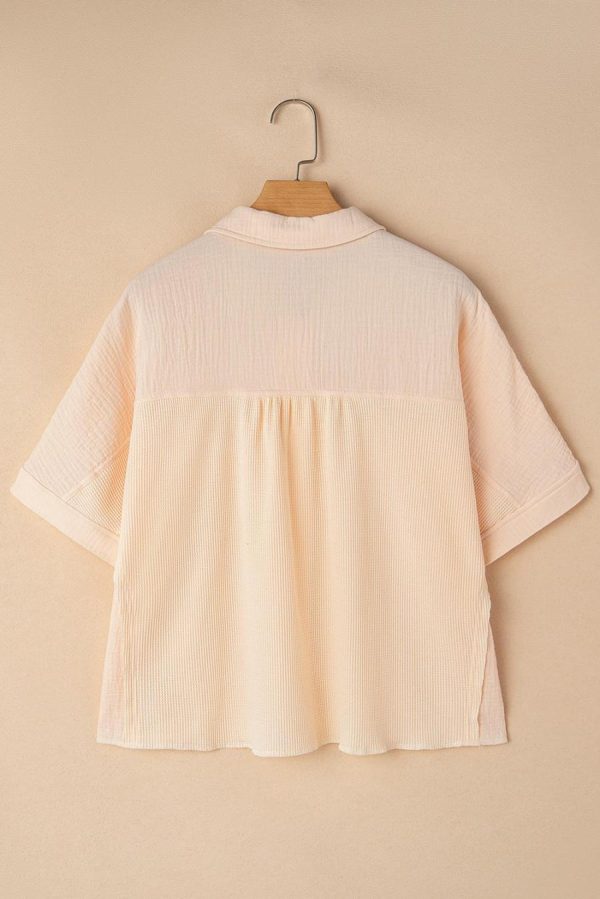 Women Blouses | Beige Waffle Crinkle Patchwork Short Batwing Sleeve Shirt - Image 2