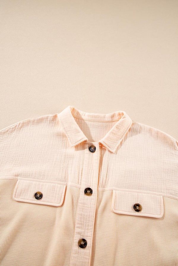 Women Blouses | Beige Waffle Crinkle Patchwork Short Batwing Sleeve Shirt - Image 3