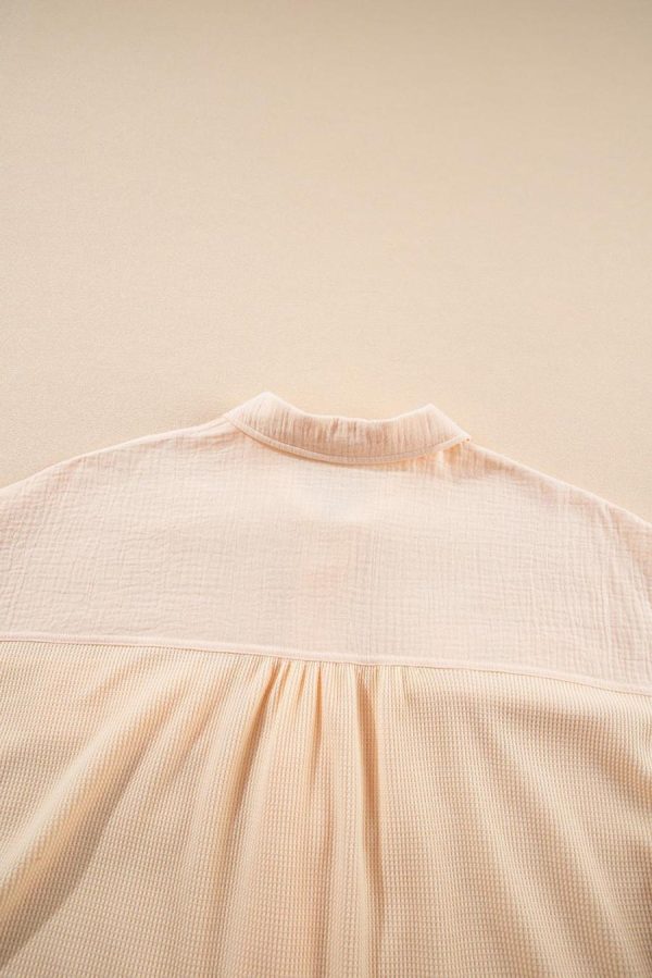 Women Blouses | Beige Waffle Crinkle Patchwork Short Batwing Sleeve Shirt - Image 4