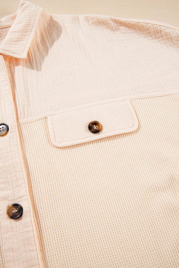 Women Blouses | Beige Waffle Crinkle Patchwork Short Batwing Sleeve Shirt - Image 5
