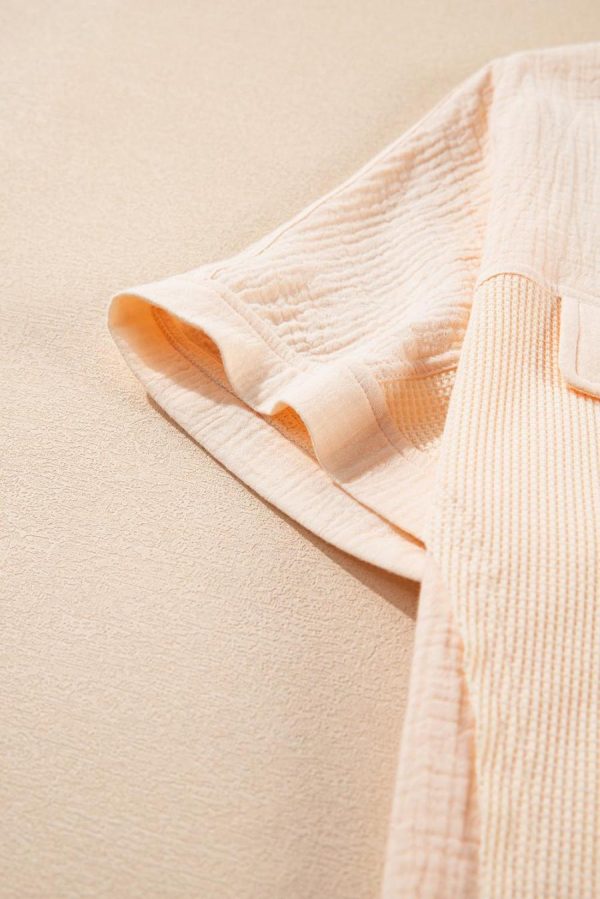Women Blouses | Beige Waffle Crinkle Patchwork Short Batwing Sleeve Shirt - Image 6