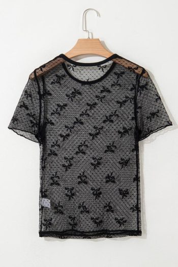 Women Blouses | Black Bow Dotted See-Through Mesh Slim Fit Blouse
