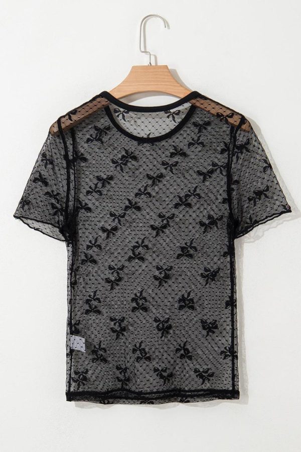 Women Blouses | Black Bow Dotted See-Through Mesh Slim Fit Blouse