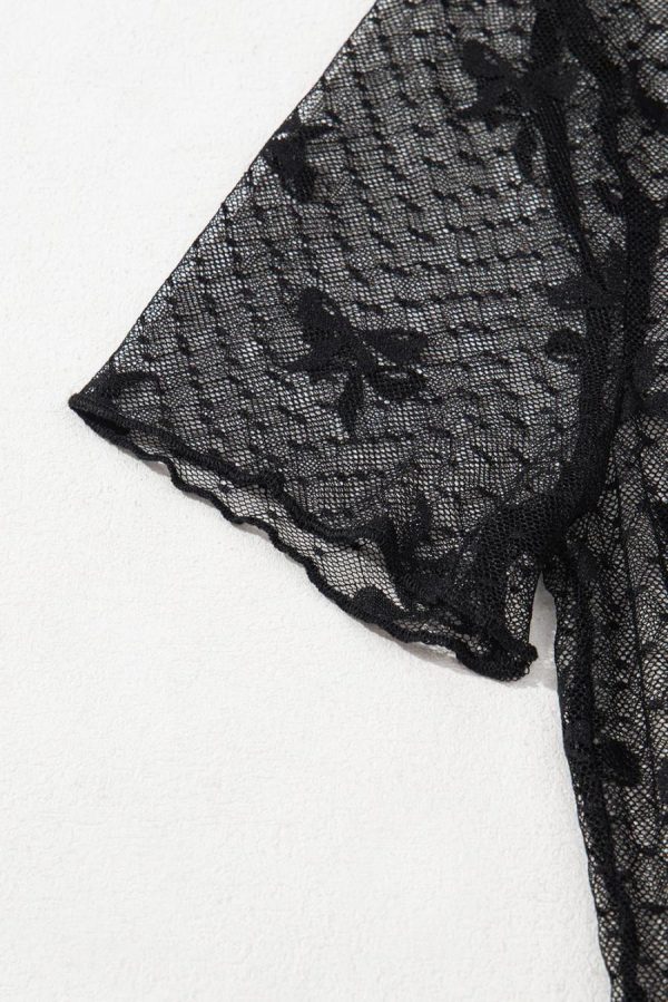 Women Blouses | Black Bow Dotted See-Through Mesh Slim Fit Blouse - Image 4