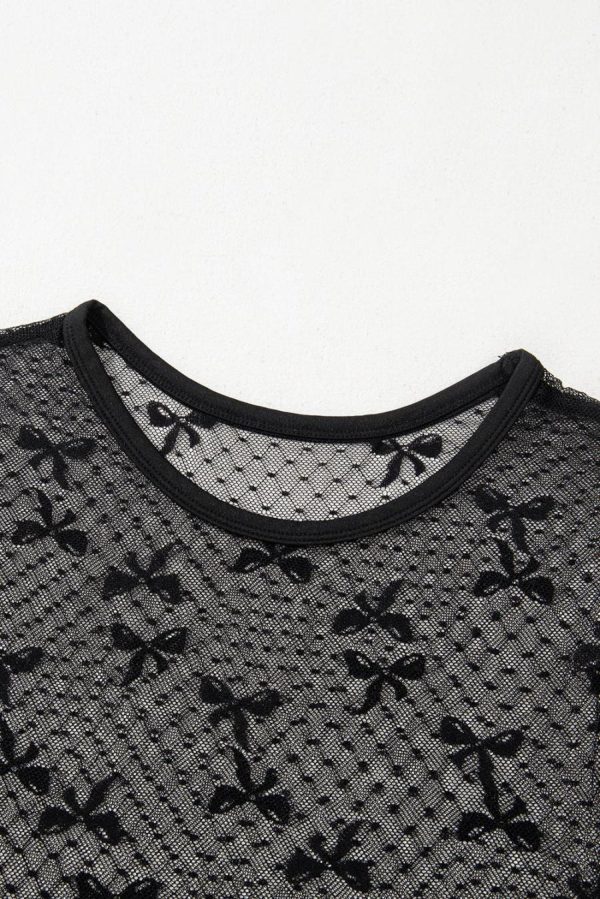 Women Blouses | Black Bow Dotted See-Through Mesh Slim Fit Blouse - Image 6