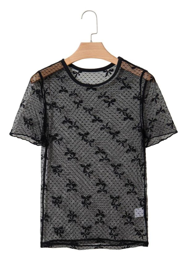 Women Blouses | Black Bow Dotted See-Through Mesh Slim Fit Blouse - Image 7