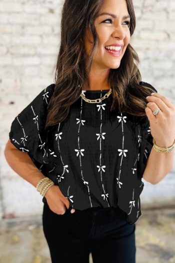 Women Blouses | Black Bow Print Striped Puff Short Sleeve Blouse