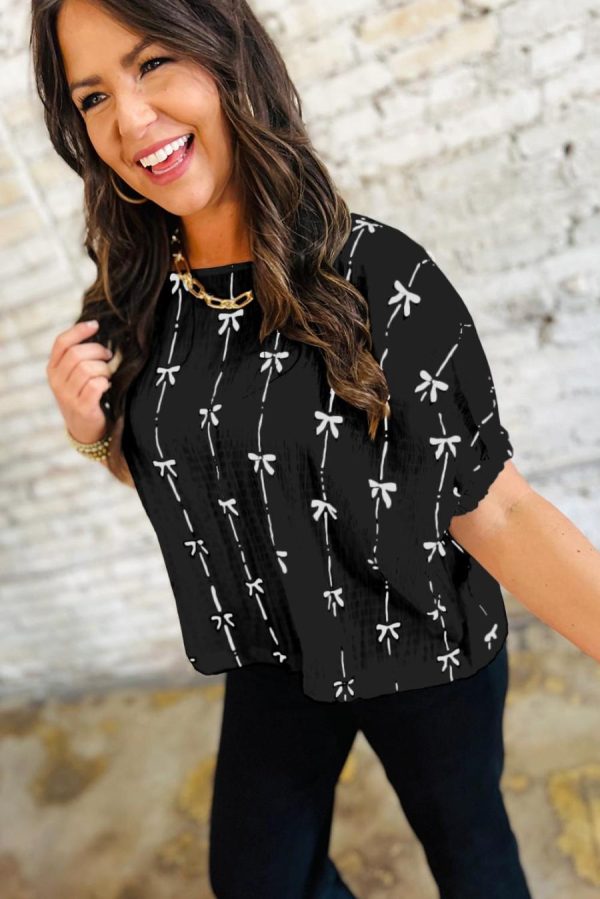 Women Blouses | Black Bow Print Striped Puff Short Sleeve Blouse - Image 3