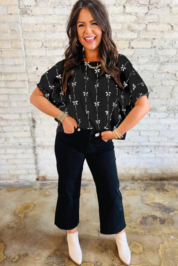 Women Blouses | Black Bow Print Striped Puff Short Sleeve Blouse - Image 4