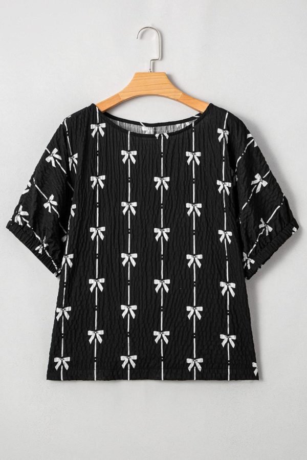 Women Blouses | Black Bow Print Striped Puff Short Sleeve Blouse - Image 5
