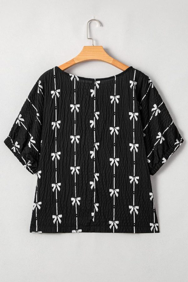 Women Blouses | Black Bow Print Striped Puff Short Sleeve Blouse - Image 6