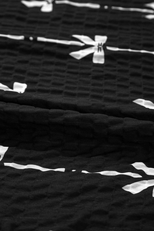 Women Blouses | Black Bow Print Striped Puff Short Sleeve Blouse - Image 7