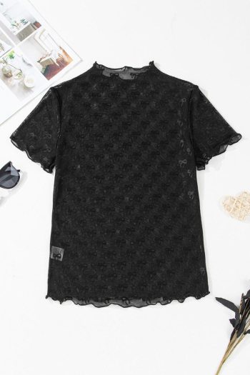 Women Blouses | Black Bowknot Sheer Mesh Mock Neck Lettuce Trim Short Sleeve Top
