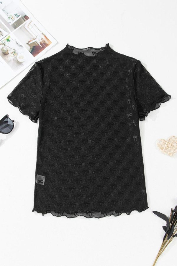 Women Blouses | Black Bowknot Sheer Mesh Mock Neck Lettuce Trim Short Sleeve Top
