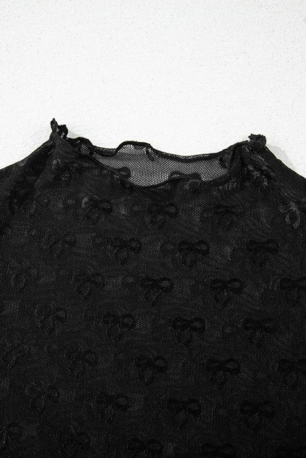 Women Blouses | Black Bowknot Sheer Mesh Mock Neck Lettuce Trim Short Sleeve Top - Image 2