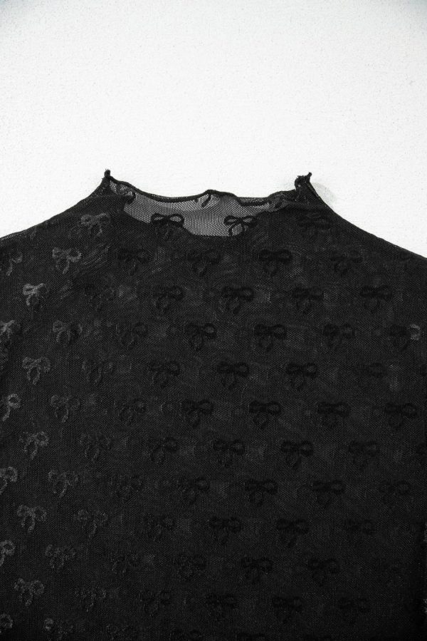 Women Blouses | Black Bowknot Sheer Mesh Mock Neck Lettuce Trim Short Sleeve Top - Image 3