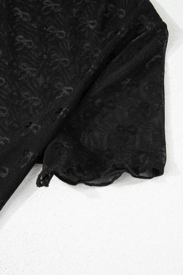 Women Blouses | Black Bowknot Sheer Mesh Mock Neck Lettuce Trim Short Sleeve Top - Image 4