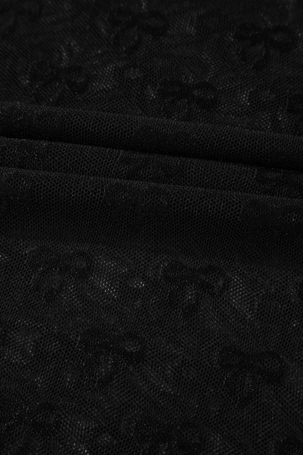 Women Blouses | Black Bowknot Sheer Mesh Mock Neck Lettuce Trim Short Sleeve Top - Image 5