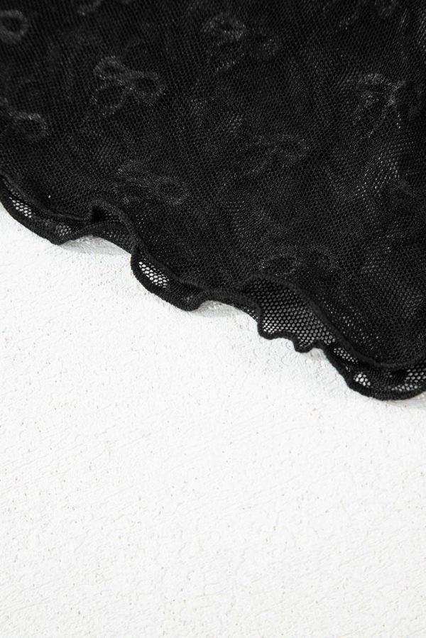 Women Blouses | Black Bowknot Sheer Mesh Mock Neck Lettuce Trim Short Sleeve Top - Image 6