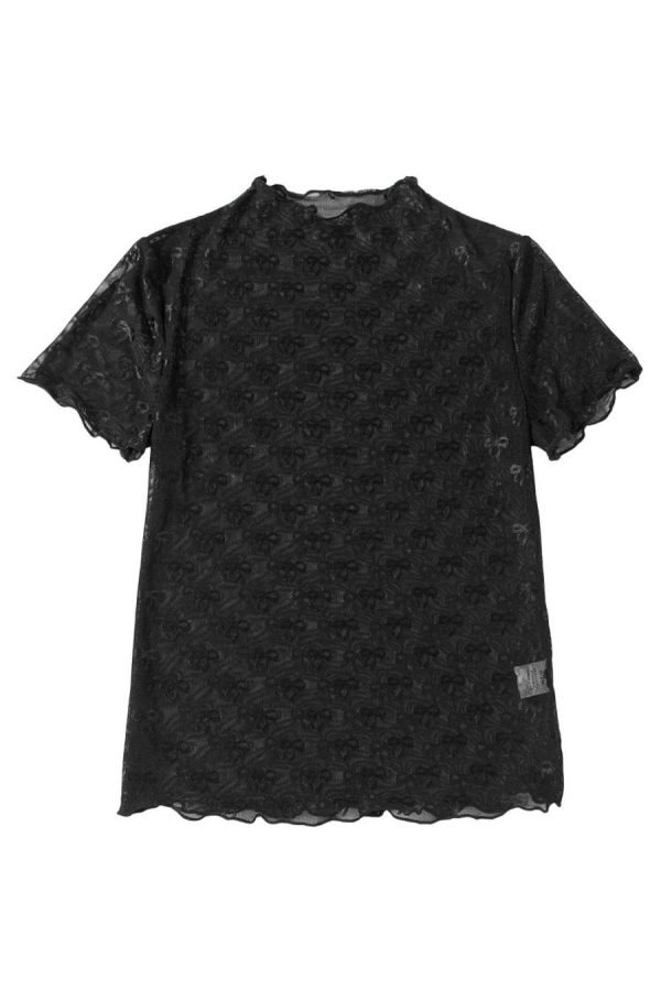Women Blouses | Black Bowknot Sheer Mesh Mock Neck Lettuce Trim Short Sleeve Top - Image 7