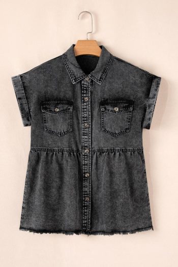 Women Blouses | Black Flap Pocket Button Up Raw Hem Short Sleeve Denim Shirt