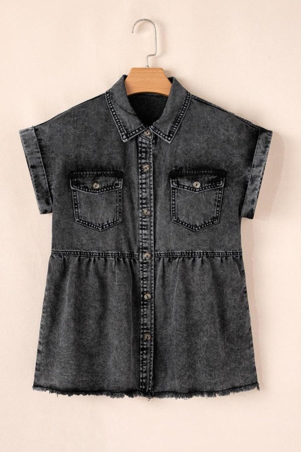 Women Blouses | Black Flap Pocket Button Up Raw Hem Short Sleeve Denim Shirt