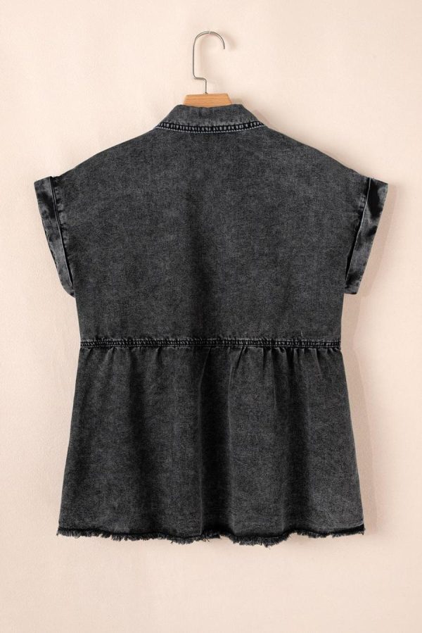 Women Blouses | Black Flap Pocket Button Up Raw Hem Short Sleeve Denim Shirt - Image 2