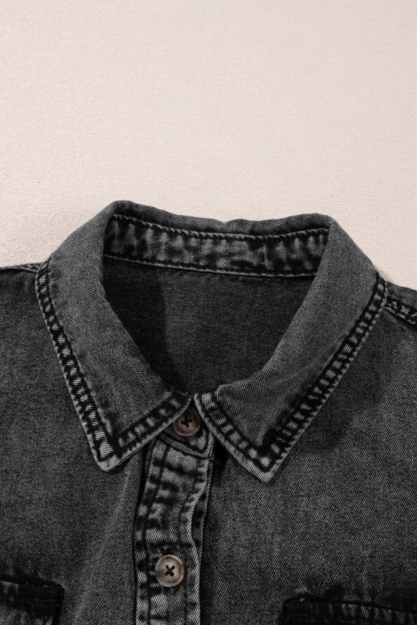 Women Blouses | Black Flap Pocket Button Up Raw Hem Short Sleeve Denim Shirt - Image 3