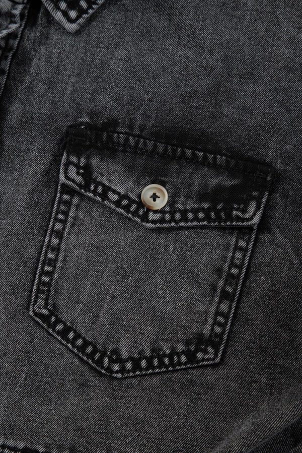 Women Blouses | Black Flap Pocket Button Up Raw Hem Short Sleeve Denim Shirt - Image 5